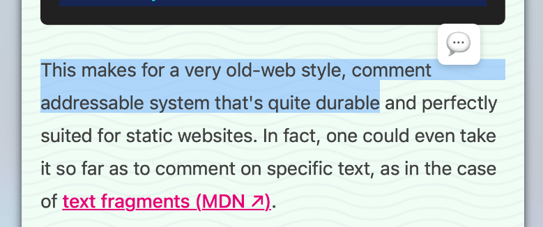 Screenshot showing comment button that appears when text is highlighted.